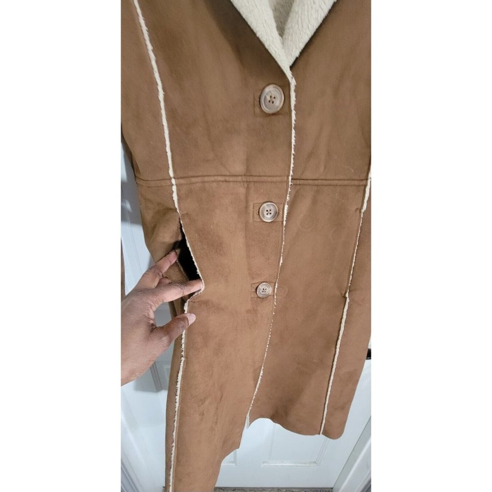 Old Navy Womens Brown Faux Suede Sherpa Lined Trench Coat Jacket Size Medium - Picture 7 of 14